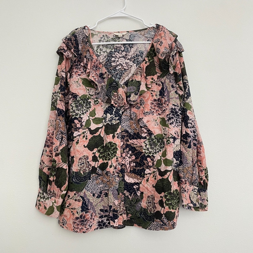 Terra & Sky Top Women 1X Pink Button Down Floral Cottagecore Classic Flowy